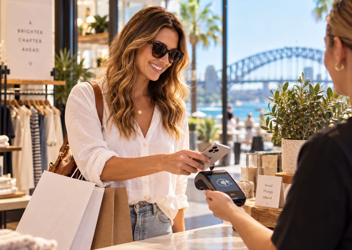 Attractive lady paying for her shopping using her phone in Sydney