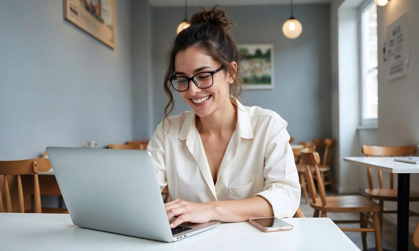 Young woman typing on a laptop in a stylish cafe setting.
