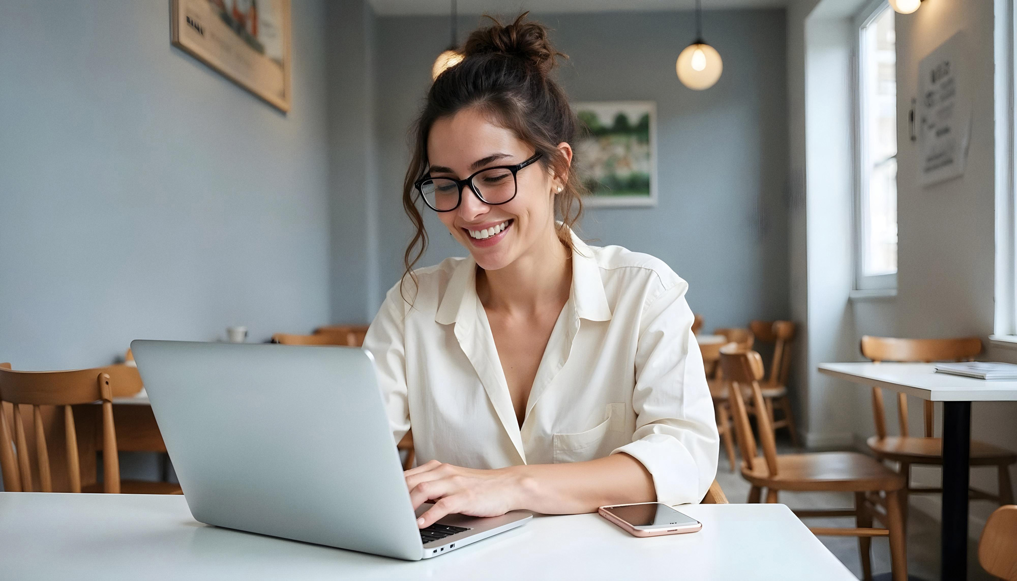 Happy lady sitting in cafe smiling and typing on her laptop