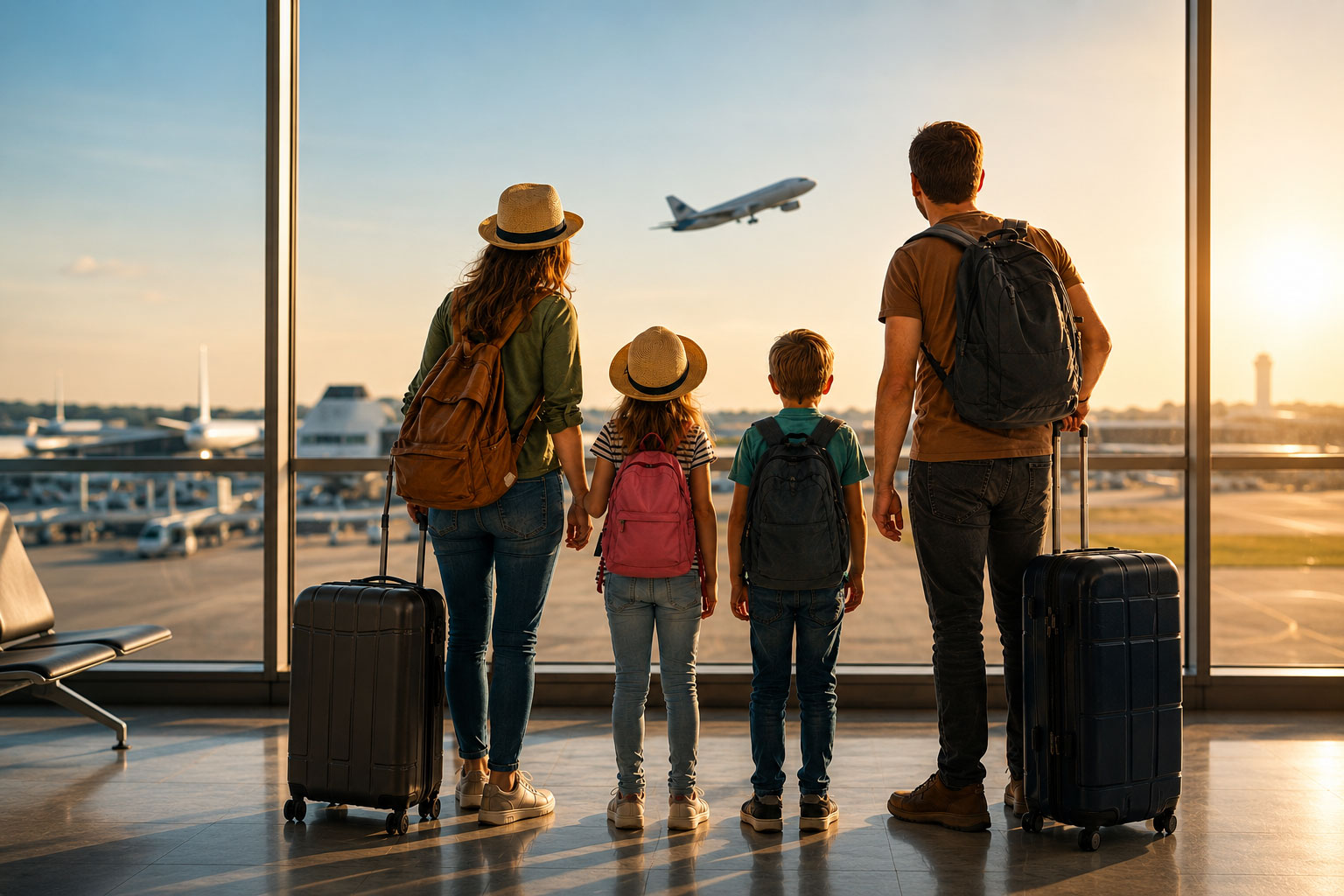 Family standing at window in airport